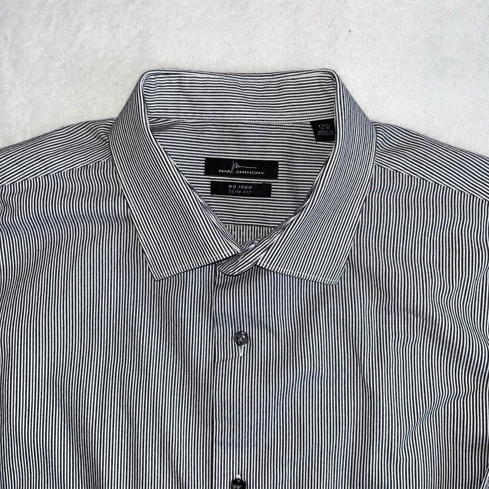 Marc Anthony Shirt Men's 17.5 Gray Stripe No Iron Slim Fit Long Sleeve